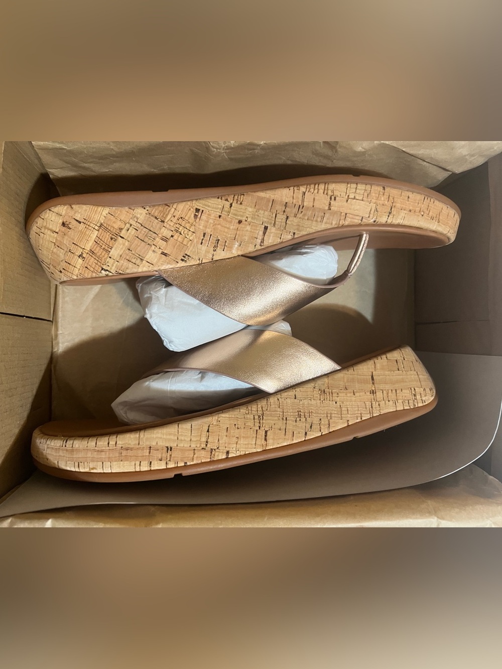 NWT Fitflop F-Mode Metallic Rose Gold Cork-Platform Thong Sandals  SZ 8 - Picture 3 of 4